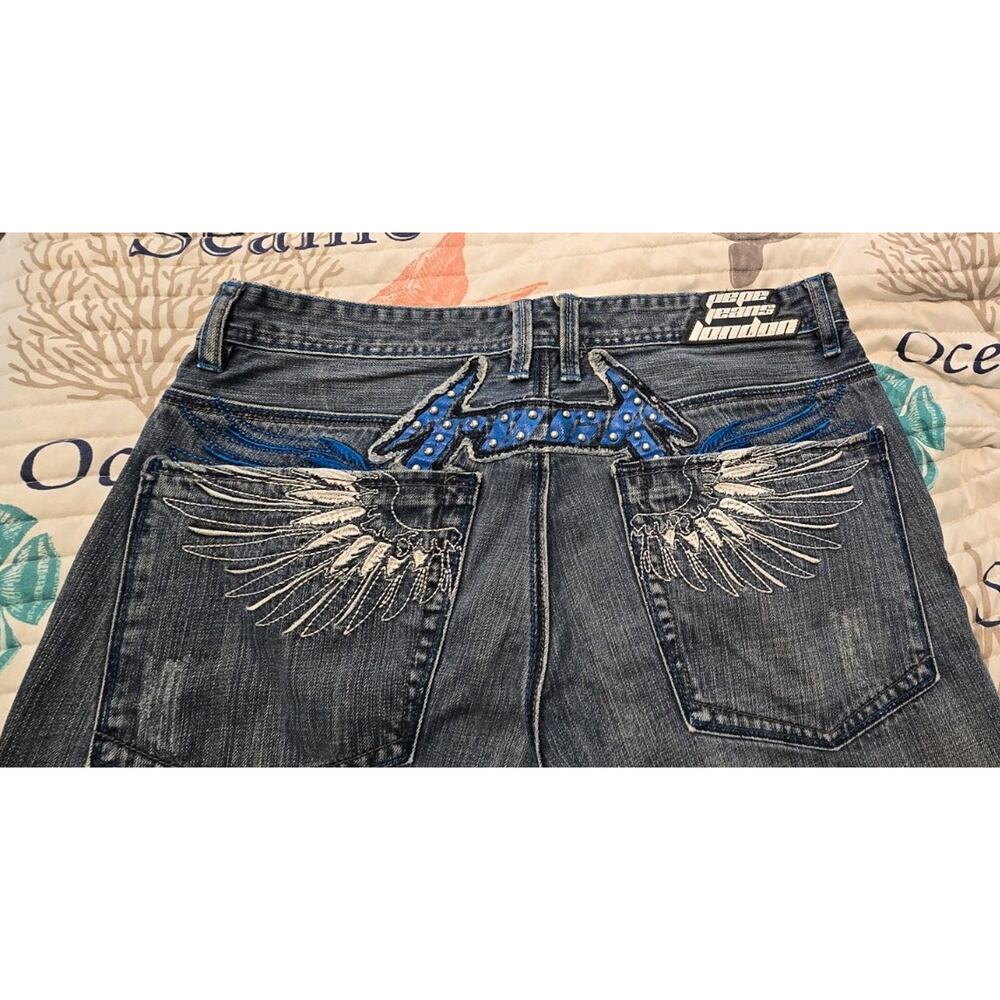Y2K Pepe Jeans London Jeans Wing Embroidery Metallica Style Logo Distressed 34